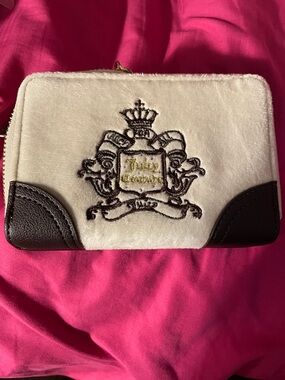 Juicy Couture White Faux-Fur Zip Wallet with Black Trim and Crest